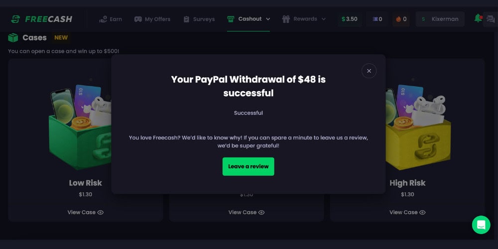 FreeCash PayPal withdrawal success