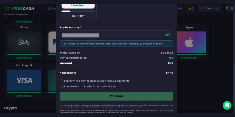 FreeCash PayPal Withdrawal Fee