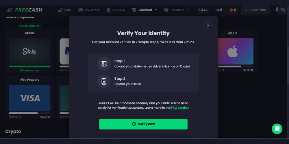 FreeCash verify identity